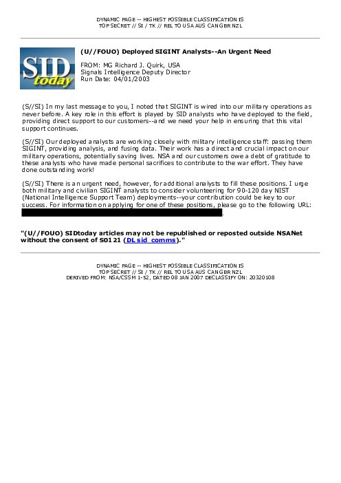 2003-04-01 SIDToday - Deployed SIGINT Analysts--An Urgent Need