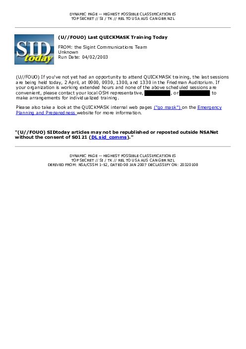 2003-04-02 SIDToday - Last QUICKMASK Training Today