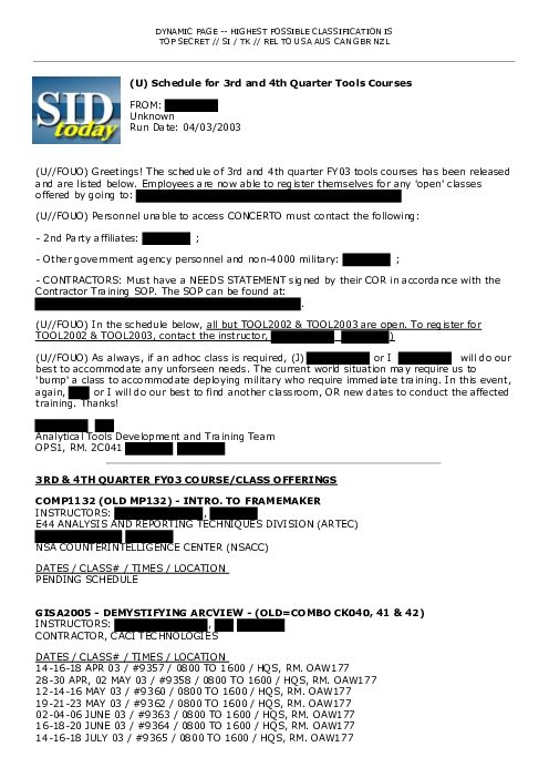2003-04-03 SIDToday - Schedule for 3rd and 4th Quarter Tools Courses