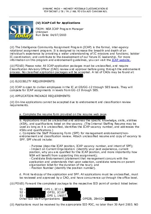 2003-04-07 SIDToday - ICAP Call for Applications