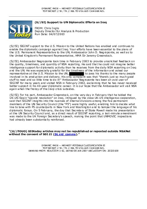 2003-04-07 SIDToday - Support to UN Diplomatic Efforts on Iraq