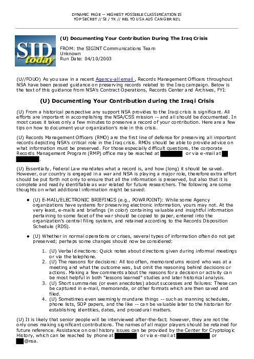 2003-04-10 SIDToday - Documenting Your Contribution During The Iraq Crisis