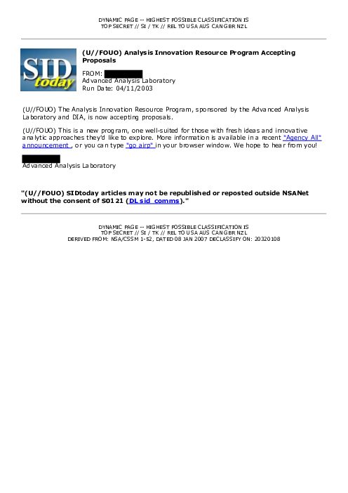 2003-04-11 SIDToday - Analysis Innovation Resource Program Accepting Proposals