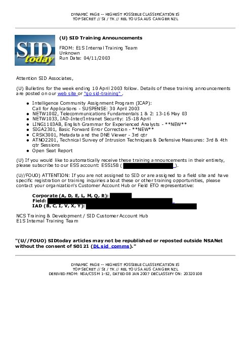 2003-04-11 SIDToday - SID Training Announcements