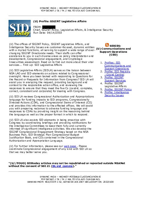 2003-04-14 SIDToday - Profile SIGINT Legislative Affairs