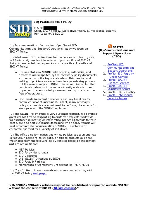 2003-04-16 SIDToday - Profile SIGINT Policy