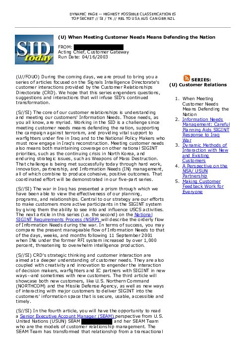 2003-04-16 SIDToday - When Meeting Customer Needs Means Defending the Nation