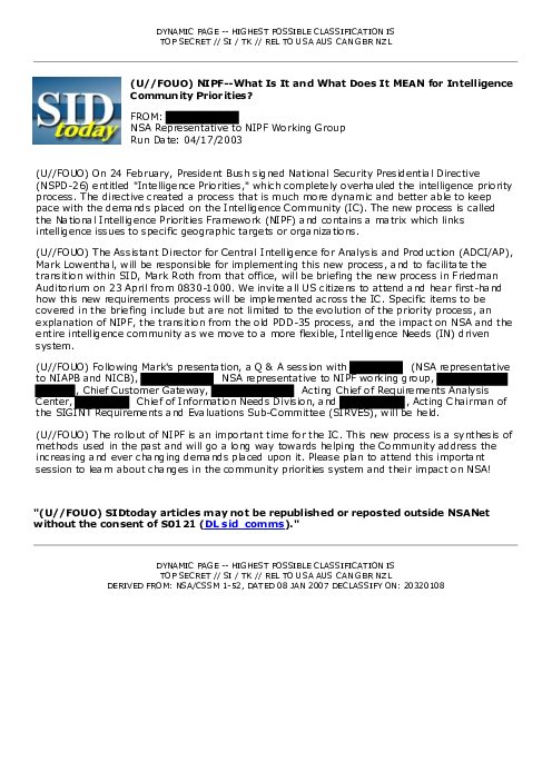 2003-04-17 SIDToday - NIPF--What Is It and What Does It MEAN for Intelligence Community Priorities