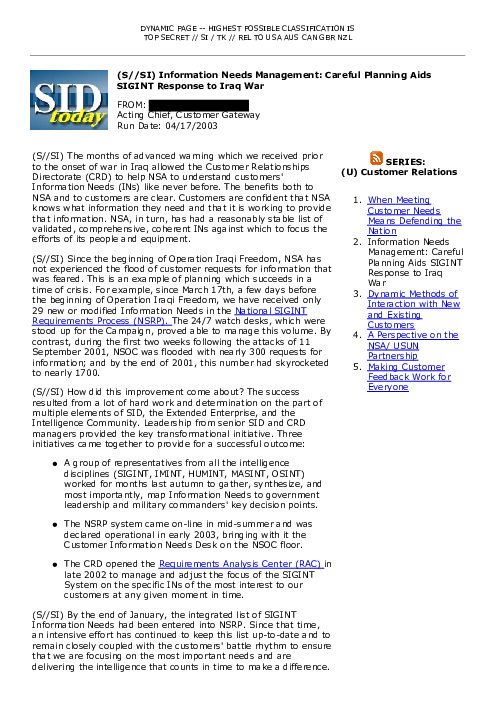 2003-04-17 SIDToday - Information Needs Management Careful Planning Aids SIGINT Response to Iraq War