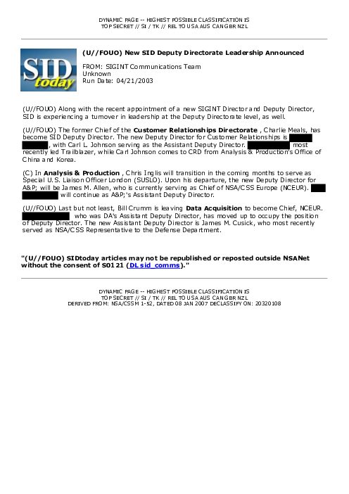 2003-04-21 SIDToday - New SID Deputy Directorate Leadership Announced