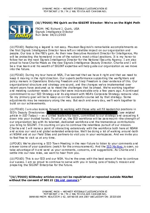 2003-04-21 SIDToday - MG Quirk as the SIGINT Director Were on the Right Path
