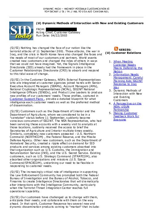 2003-04-22 SIDToday - Dynamic Methods of Interaction with New and Existing Customers
