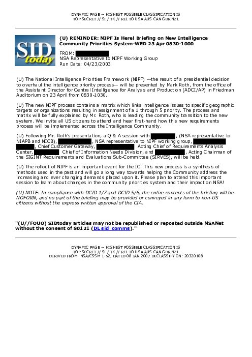 2003-04-23 SIDToday - REMINDER NIPF Is Here Briefing on New Intelligence Community Priorities System-WED 23 Apr 0830-1000
