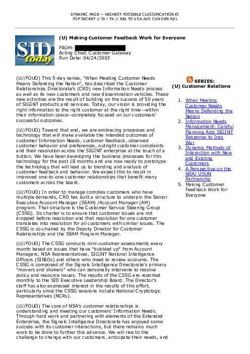 2003-04-24 SIDToday - Making Customer Feedback Work for Everyone
