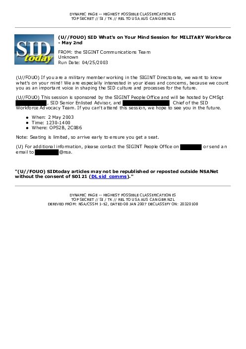 2003-04-25 SIDToday - SID Whats on Your Mind Session for MILITARY Workforce - May 2nd
