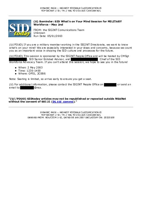 2003-05-01 SIDToday - Reminder SID Whats on Your Mind Session for MILITARY Workforce - May 2nd