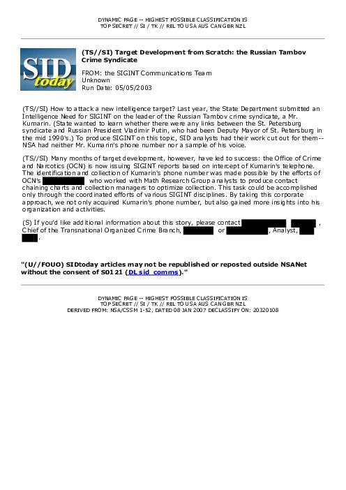 2003-05-05 SIDToday - Target Development from Scratch the Russian Tambov Crime Syndicate