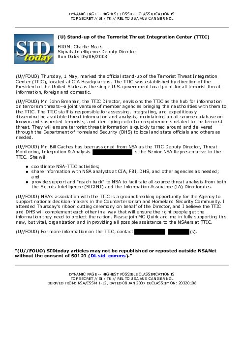 2003-05-06 SIDToday - Stand-up of the Terrorist Threat Integration Center TTIC