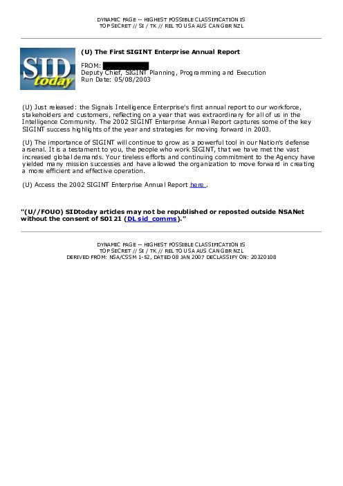 2003-05-08 SIDToday - The First SIGINT Enterprise Annual Report