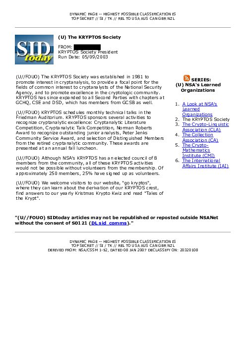 2003-05-09 SIDToday - The KRYPTOS Society