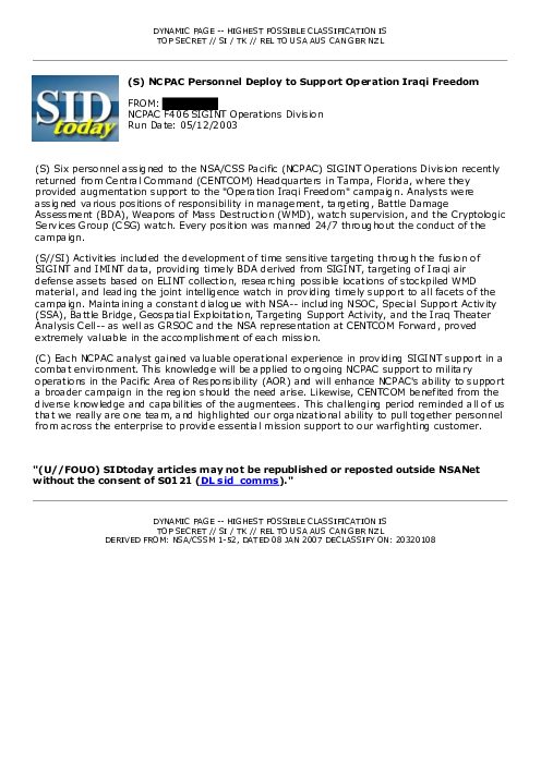 2003-05-12 SIDToday - NCPAC Personnel Deploy to Support Operation Iraqi Freedom