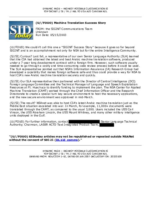 2003-05-15 SIDToday - Machine Translation Success Story