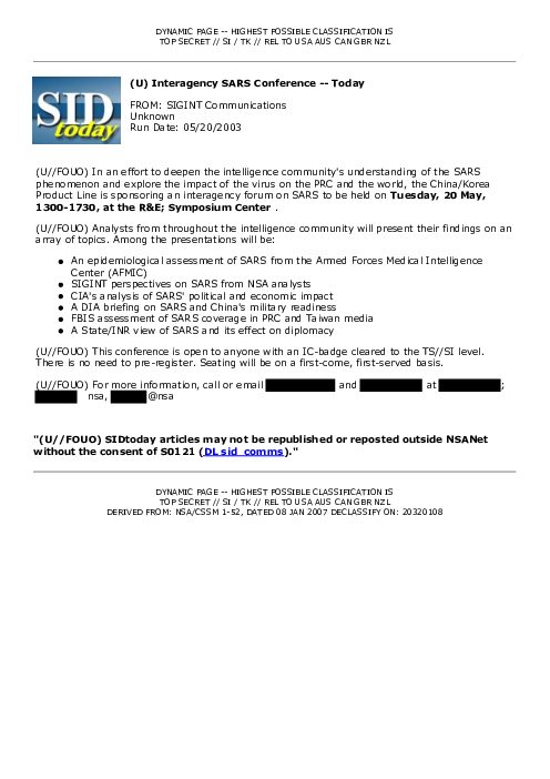 2003-05-20 SIDToday - Interagency SARS Conference -- Today