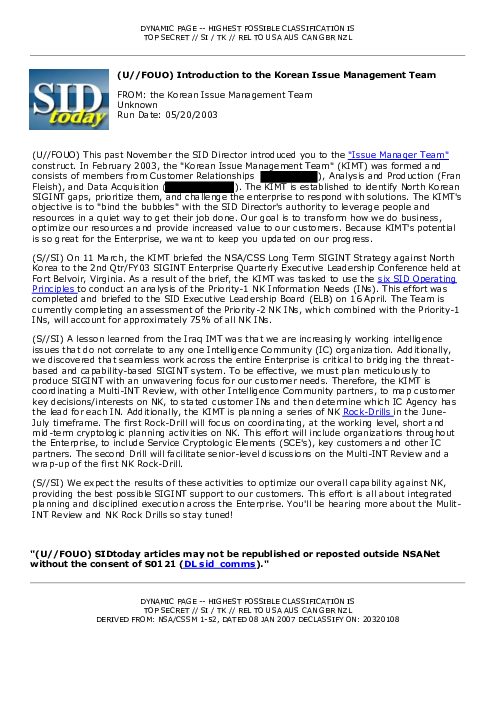 2003-05-20 SIDToday - Introduction to the Korean Issue Management Team