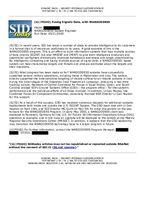 2003-05-21 SIDToday - Fusing Signals Data with WARGODDESS