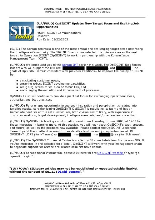 2003-05-22 SIDToday - OpSIGINT Update New Target Focus and Exciting Job Opportunities
