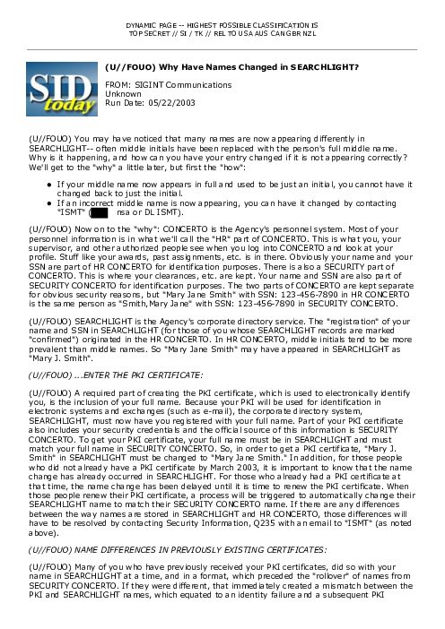 2003-05-22 SIDToday - Why Have Names Changed in SEARCHLIGHT