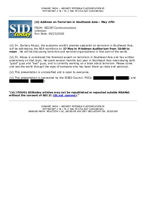 2003-05-23 SIDToday - Address on Terrorism in Southeast Asia-- May 27th