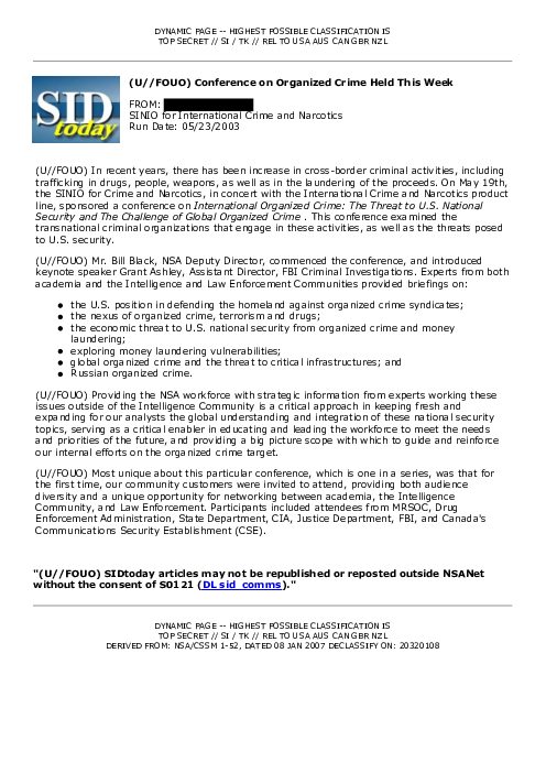 2003-05-23 SIDToday - Conference on Organized Crime Held This Week