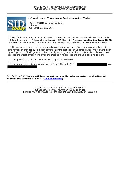 2003-05-27 SIDToday - Address on Terrorism in Southeast Asia-- Today