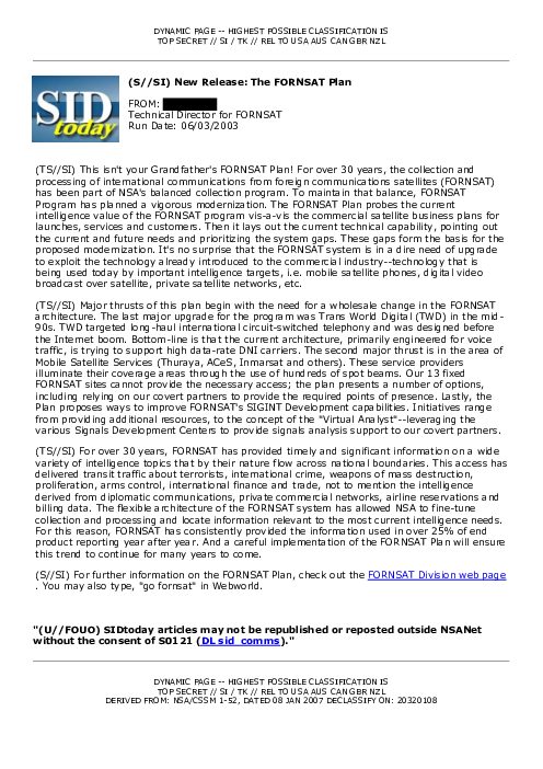 2003-06-03 SIDToday - New Release The FORNSAT Plan