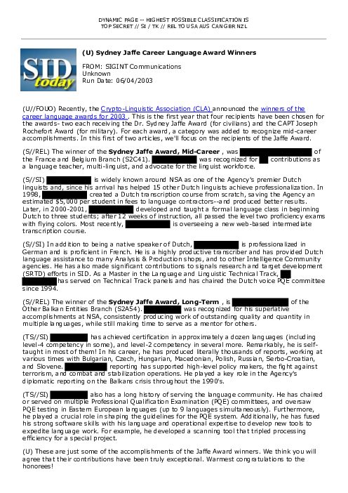 2003-06-04 SIDToday - Sydney Jaffe Career Language Award Winners