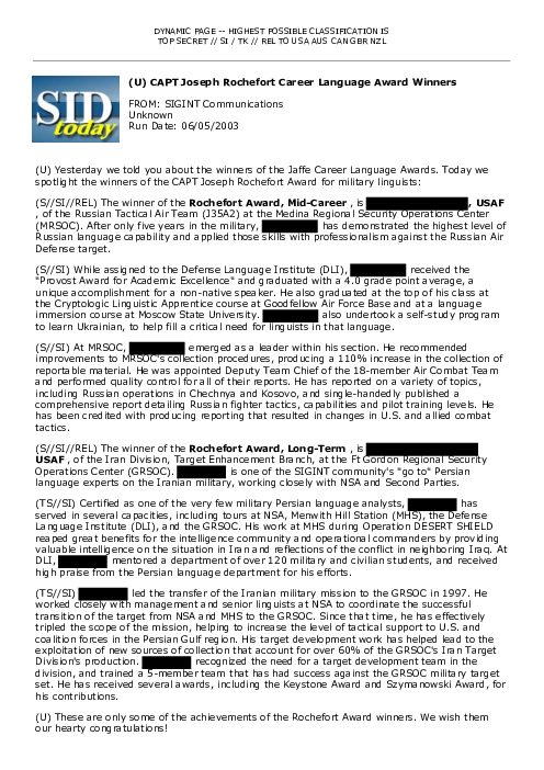 2003-06-05 SIDToday - CAPT Joseph Rochefort Career Language Award Winners