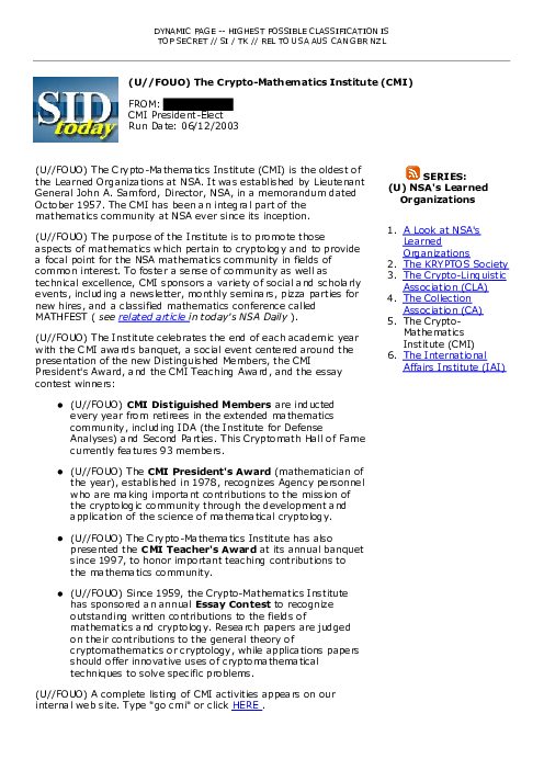 2003-06-12 SIDToday - The Crypto-Mathematics Institute CMI