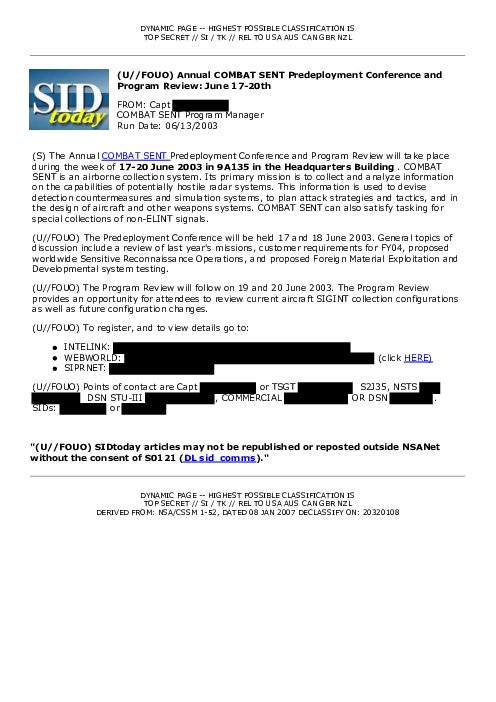2003-06-13 SIDToday - Annual COMBAT SENT Predeployment Conference and Program Review June 17-20th