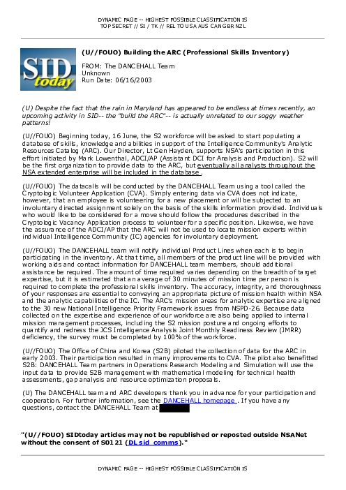 2003-06-16 SIDToday - Building the ARC Professional Skills Inventory