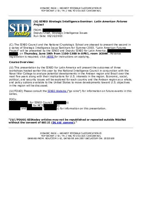 2003-06-16 SIDToday - SINIO Strategic Intelligence Seminar Latin American Futures Project