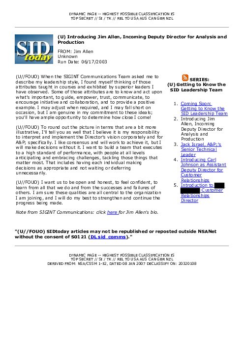 2003-06-17 SIDToday - Introducing Jim Allen Incoming Deputy Director for Analysis and Production