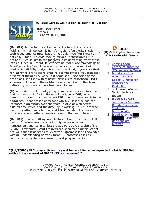 2003-06-18 SIDToday - Jack Israel APs Senior Technical Leader