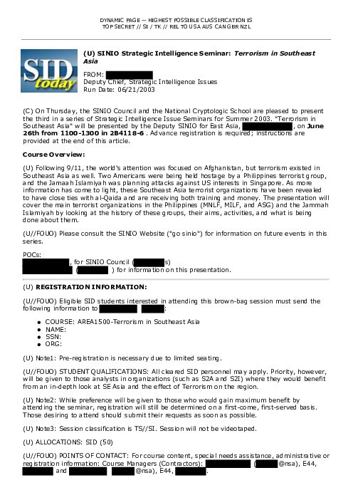 2003-06-21 SIDToday - SINIO Strategic Intelligence Seminar Terrorism in Southeast Asia