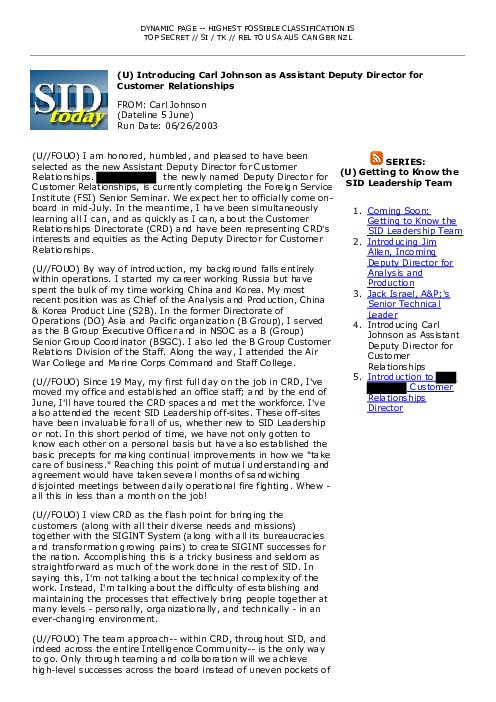 2003-06-26 SIDToday - Introducing Carl Johnson as Assistant Deputy Director for Customer Relationships
