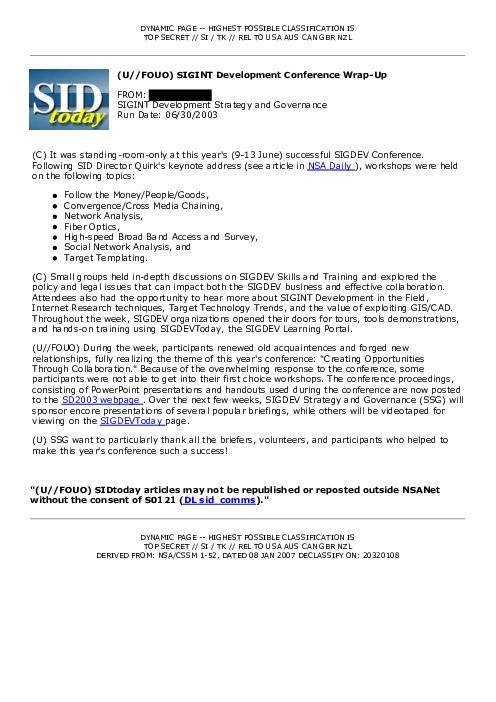 2003-06-30 SIDToday - SIGINT Development Conference Wrap-Up