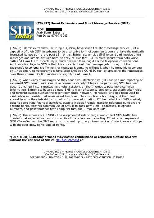 2003-07-07 SIDToday - Sunni Extremists and Short Message Service SMS