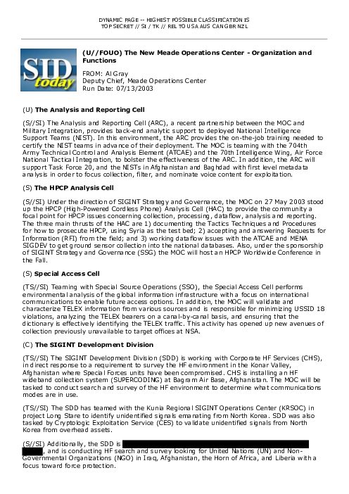 2003-07-13 SIDToday - The New Meade Operations Center - Organization and Functions