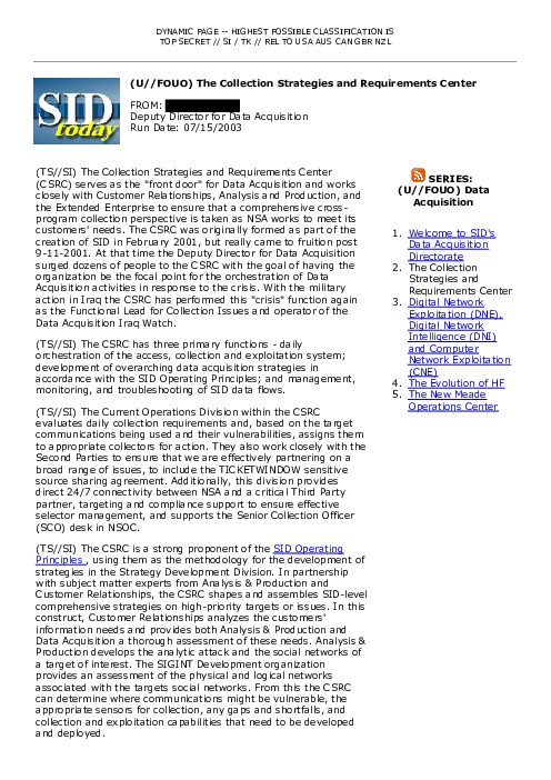 2003-07-15 SIDToday - The Collection Strategies and Requirements Center