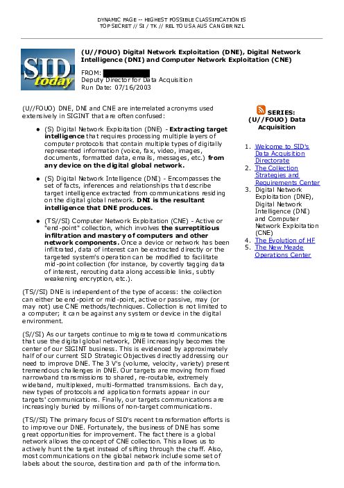 2003-07-16 SIDToday - Digital Network Exploitation DNE Digital Network Intelligence DNI and Computer Network Exploitation CNE